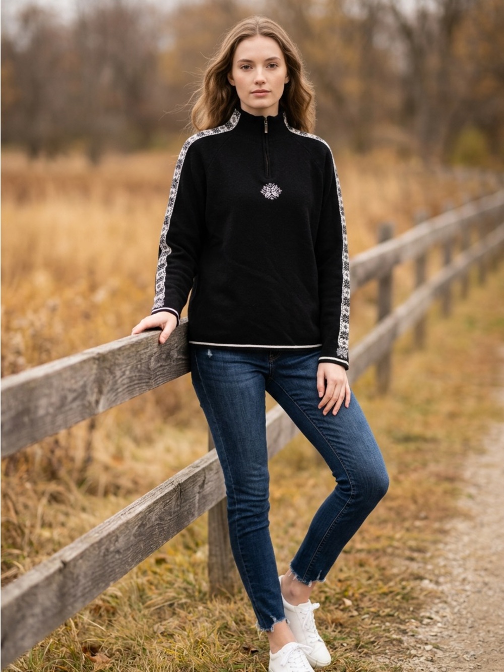 Eddie Bauer Women’s Merino Wool 1/4 Zip Sweater Black Snowflakes XL *Minor Flaws